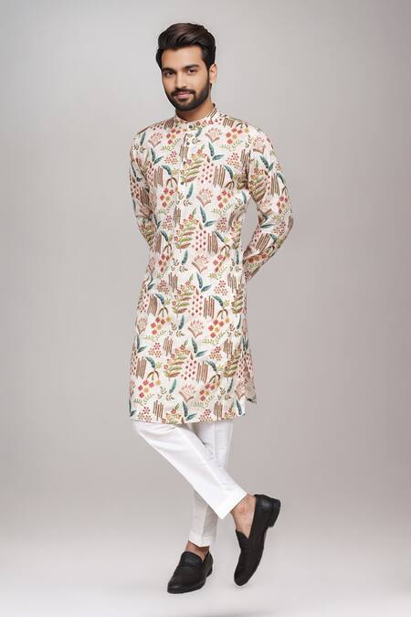 Buy_Arihant Rai Sinha_Cream Brocade, Silk Floral Printed Kurta And Pant Set _Online_at_Aza_Fashions