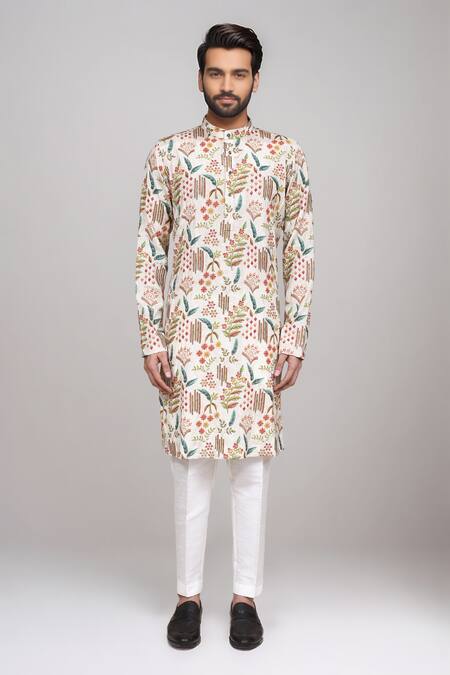 Shop_Arihant Rai Sinha_Cream Brocade, Silk Floral Printed Kurta And Pant Set _Online_at_Aza_Fashions