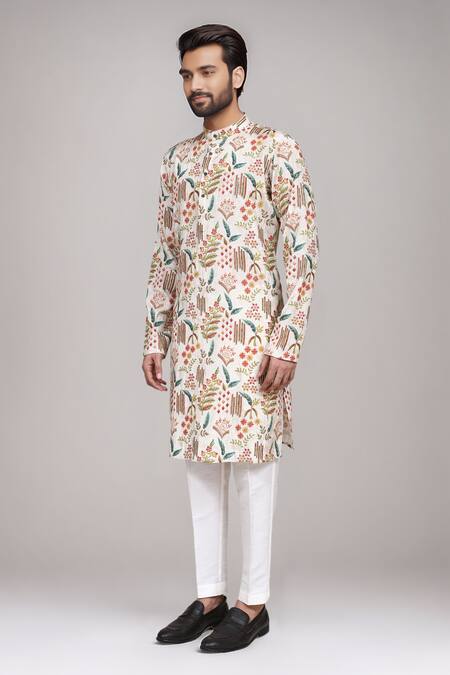 Arihant Rai Sinha_Cream Brocade, Silk Floral Printed Kurta And Pant Set _at_Aza_Fashions