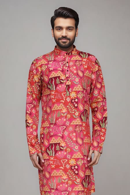 Buy_Arihant Rai Sinha_Pink Muslin Sequins, Zari Digital Print And Work Kurta Set _Online_at_Aza_Fashions