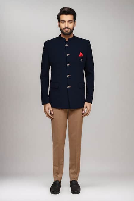 Shop_Arihant Rai Sinha_Navy Textured Bandhgala And Pleated Pant Set 