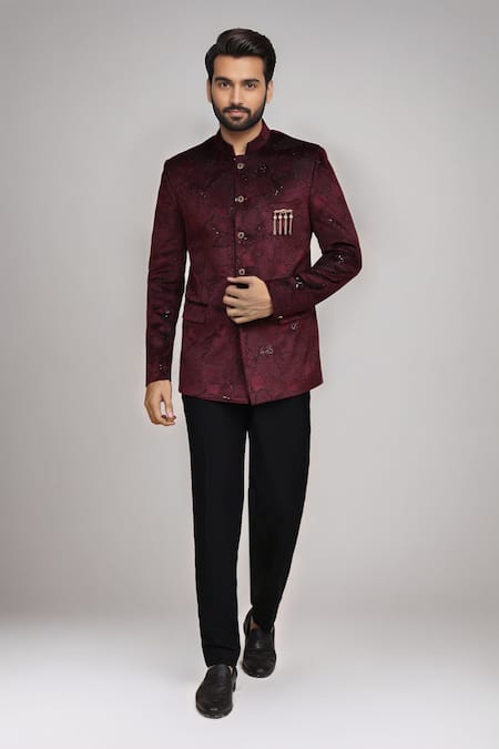 Shop Arihant Rai Sinha Maroon Velvet Sequins, Brooches Work Bandhgala And Terry Rayon Pant Online at Aza Fashions Shop_Arihant Rai Sinha_Maroon Velvet Sequins, Brooches Work Bandhgala And Terry Rayon Pant _Online_at_Aza_Fashions