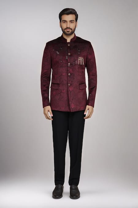 Arihant Rai Sinha Maroon Velvet Sequins, Brooches Work Bandhgala And Terry Rayon Pant at Aza Fashions Arihant Rai Sinha_Maroon Velvet Sequins, Brooches Work Bandhgala And Terry Rayon Pant _at_Aza_Fashions