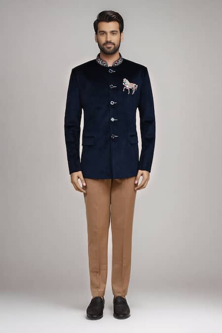 Arihant Rai Sinha_Navy Velvet Embroidery Bandhgala With Pant _Online_at_Aza_Fashions