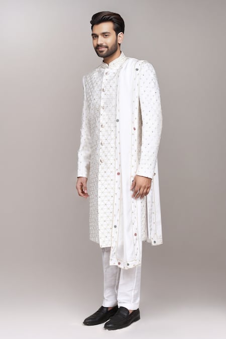 Arihant Rai Sinha_White Cotton, Silk Stones, Beads Cutdana Work Sherwani Set With Dupatta _Online_at_Aza_Fashions