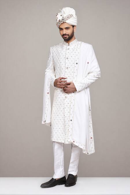 Buy_Arihant Rai Sinha_White Cotton, Silk Stones, Beads Cutdana Work Sherwani Set With Dupatta _Online_at_Aza_Fashions