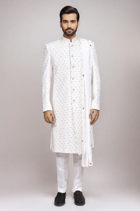 Shop_Arihant Rai Sinha_White Cotton, Silk Stones, Beads Cutdana Work Sherwani Set With Dupatta _Online_at_Aza_Fashions