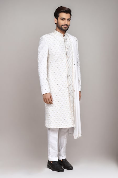 Arihant Rai Sinha_White Cotton, Silk Stones, Beads Cutdana Work Sherwani Set With Dupatta _at_Aza_Fashions