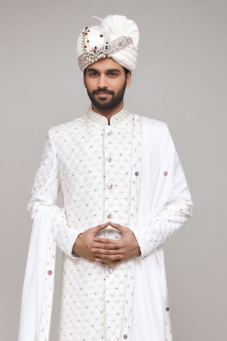 Buy_Arihant Rai Sinha_White Cotton, Silk Stones, Beads Cutdana Work Sherwani Set With Dupatta 