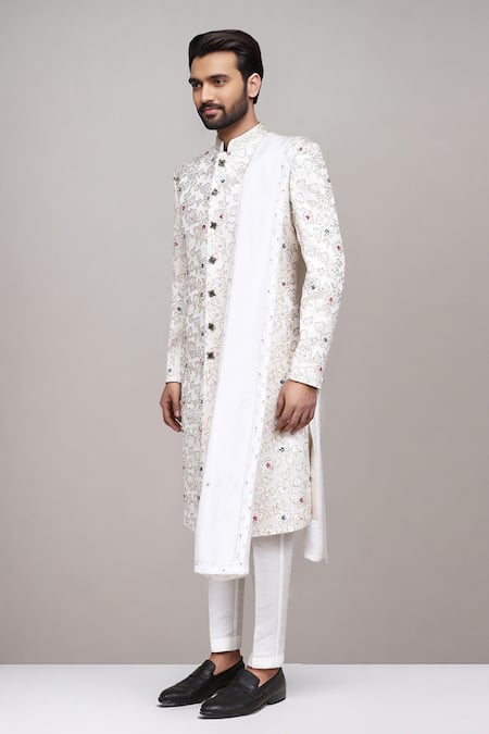 Arihant Rai Sinha_Cream Jacquard Beads, Embroidery, Cut Work Cutdana Sherwani Set _Online_at_Aza_Fashions