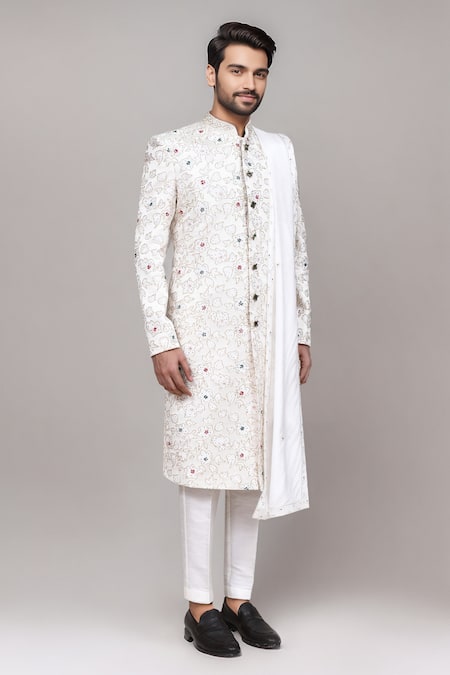 Buy_Arihant Rai Sinha_Cream Jacquard Beads, Embroidery, Cut Work Cutdana Sherwani Set _Online_at_Aza_Fashions