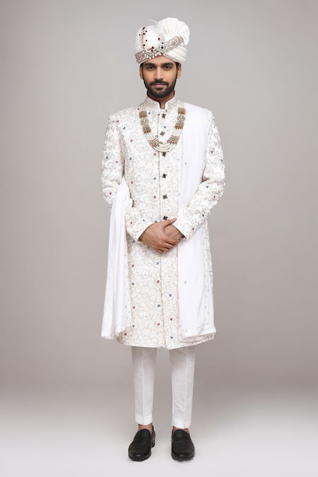 Shop_Arihant Rai Sinha_Cream Jacquard Beads, Embroidery, Cut Work Cutdana Sherwani Set _Online_at_Aza_Fashions
