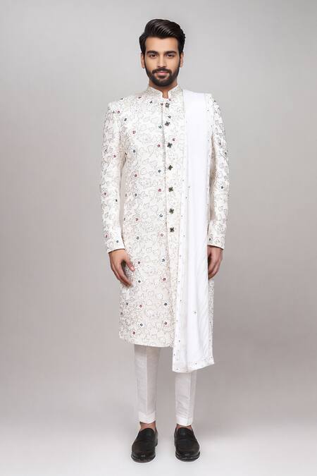 Arihant Rai Sinha_Cream Jacquard Beads, Embroidery, Cut Work Cutdana Sherwani Set _at_Aza_Fashions