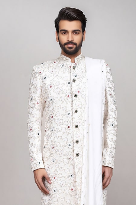 Buy_Arihant Rai Sinha_Cream Jacquard Beads, Embroidery, Cut Work Cutdana Sherwani Set 