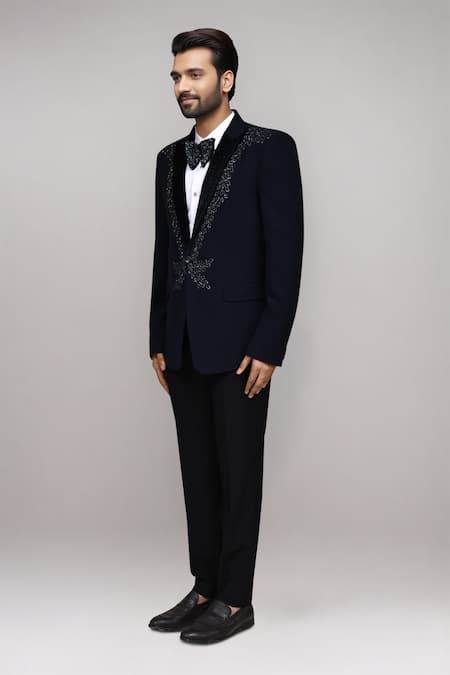 Arihant Rai Sinha_Navy Satin, Silk Embroidery, Sequins, Stones Embellished Suit Set _Online_at_Aza_Fashions