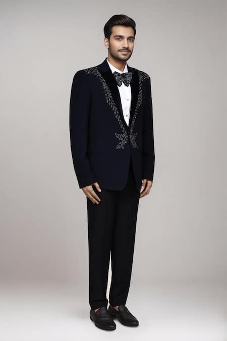 Buy_Arihant Rai Sinha_Navy Satin, Silk Embroidery, Sequins, Stones Embellished Suit Set _Online_at_Aza_Fashions