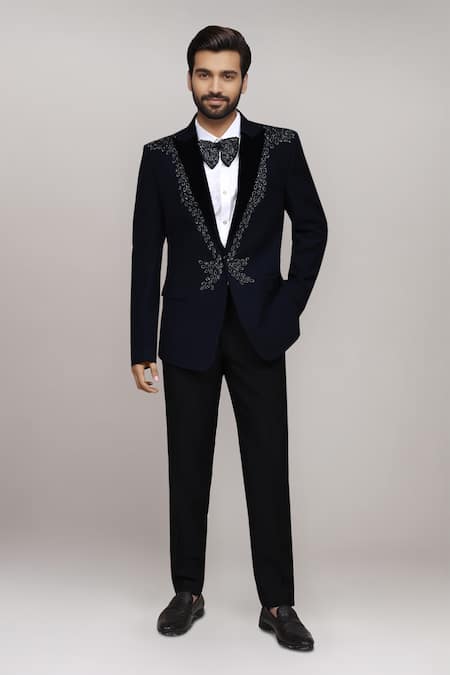 Shop_Arihant Rai Sinha_Navy Satin, Silk Embroidery, Sequins, Stones Embellished Suit Set _Online_at_Aza_Fashions