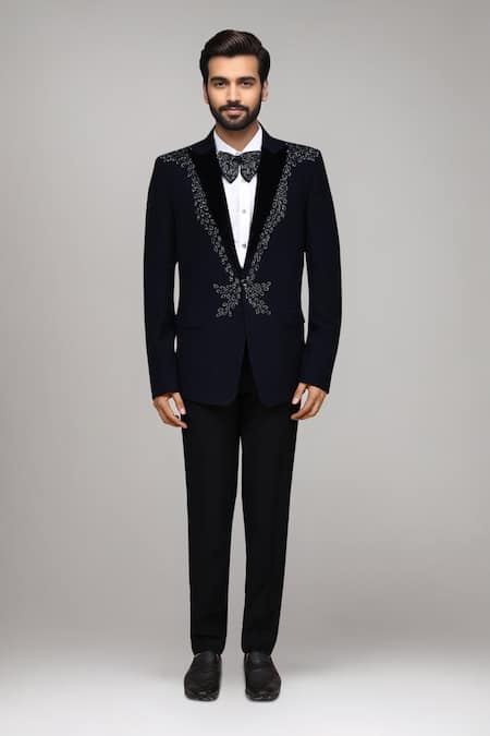 Arihant Rai Sinha_Navy Satin, Silk Embroidery, Sequins, Stones Embellished Suit Set _at_Aza_Fashions