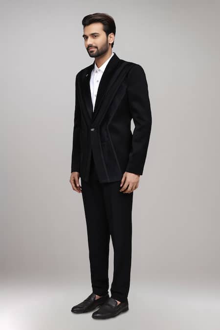 Arihant Rai Sinha Black Polyester, Satin, Silk Geometric Panel Suit With Shirt And Pant Online at Aza Fashions Arihant Rai Sinha_Black Polyester, Satin, Silk Geometric Panel Suit With Shirt And Pant _Online_at_Aza_Fashions