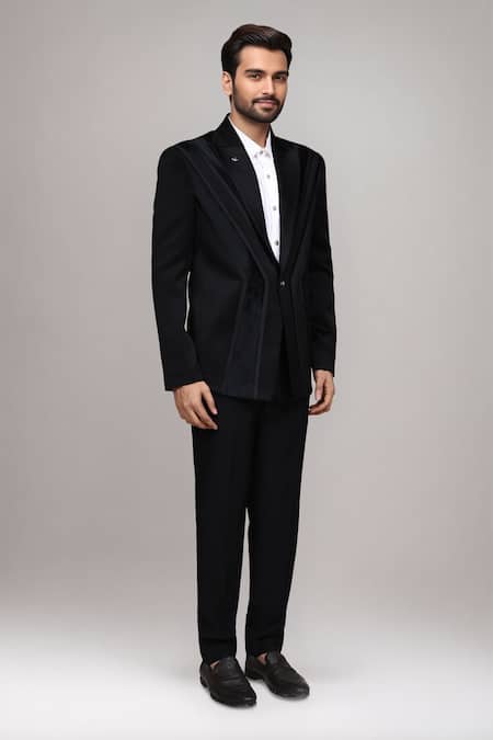 Shop Arihant Rai Sinha Black Polyester, Satin, Silk Geometric Panel Suit With Shirt And Pant Online at Aza Fashions Shop_Arihant Rai Sinha_Black Polyester, Satin, Silk Geometric Panel Suit With Shirt And Pant _Online_at_Aza_Fashions