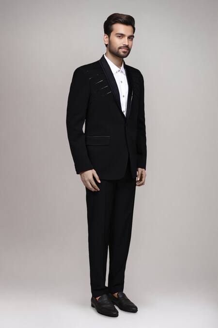 Arihant Rai Sinha_Charcoal Velvet, Satin, Silk Cut Work, Embroidery Cutdana Suit Set _at_Aza_Fashions