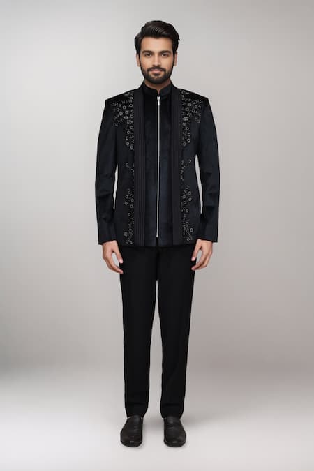 Arihant Rai Sinha_Black Knit Embroidery, Piping Pipe Work Bandhgala And Pant Set _Online_at_Aza_Fashions