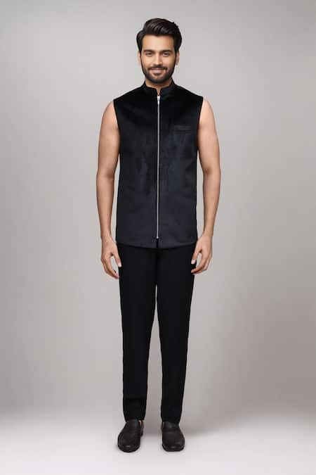 Buy_Arihant Rai Sinha_Black Knit Embroidery, Piping Pipe Work Bandhgala And Pant Set _Online_at_Aza_Fashions