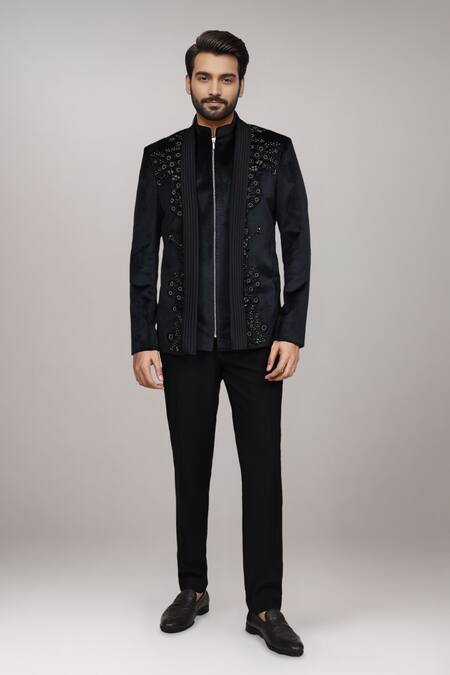 Shop_Arihant Rai Sinha_Black Knit Embroidery, Piping Pipe Work Bandhgala And Pant Set _Online_at_Aza_Fashions