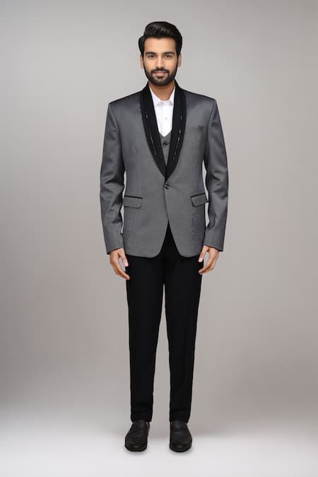 Arihant Rai Sinha_Gray Satin, Silk Textured Suit Set With Waistcoat And Pant _Online_at_Aza_Fashions