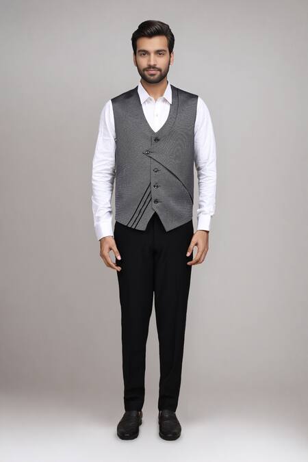 Buy_Arihant Rai Sinha_Gray Satin, Silk Textured Suit Set With Waistcoat And Pant _Online_at_Aza_Fashions