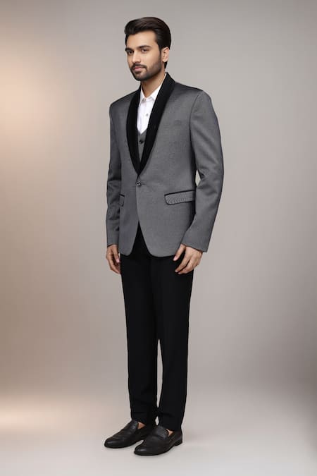 Shop_Arihant Rai Sinha_Gray Satin, Silk Textured Suit Set With Waistcoat And Pant _Online_at_Aza_Fashions