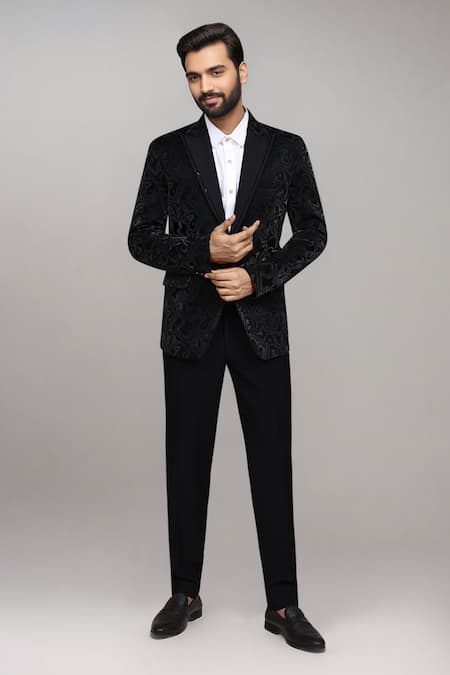 Buy_Arihant Rai Sinha_Black Velvet, Satin, Silk 3d Suit With Shirt And Terry Rayon Pant _Online_at_Aza_Fashions