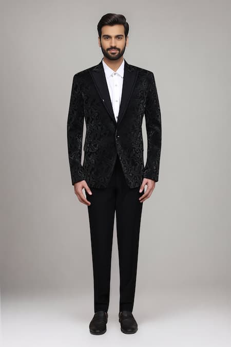 Shop_Arihant Rai Sinha_Black Velvet, Satin, Silk 3d Suit With Shirt And Terry Rayon Pant _Online_at_Aza_Fashions