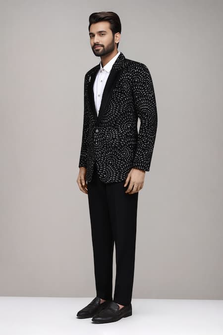 Buy_Arihant Rai Sinha_Black Velvet, Satin, Silk Applique Pattern Suit Set _Online_at_Aza_Fashions