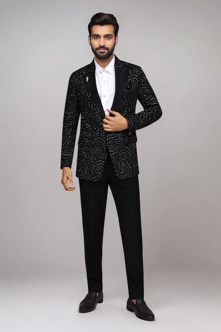Arihant Rai Sinha_Black Velvet, Satin, Silk Applique Pattern Suit Set _at_Aza_Fashions