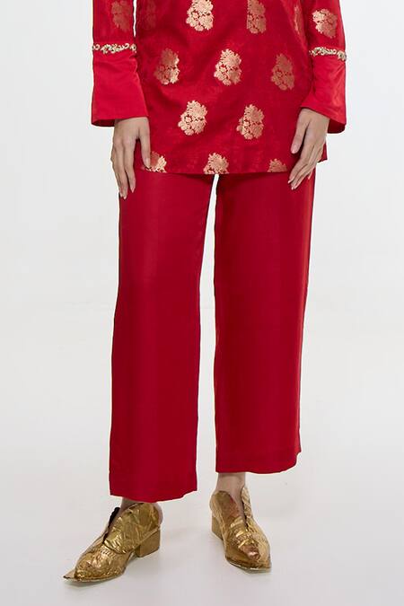 Ekaya Banaras_Blue Satin Zari Round Neck Handwoven Royal Kurta And Pant Set _Online_at_Aza_Fashions