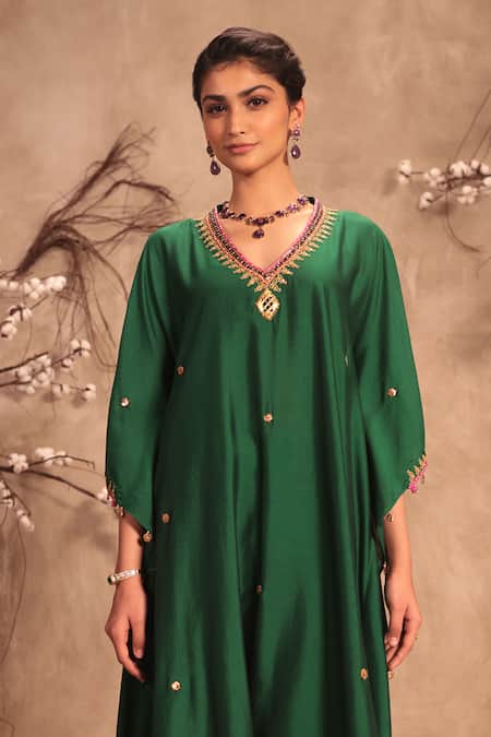 Label Niti Bothra_Green Silk Gota Patti, Embroidery V-neck Kaftan And Pant Set _Online_at_Aza_Fashions