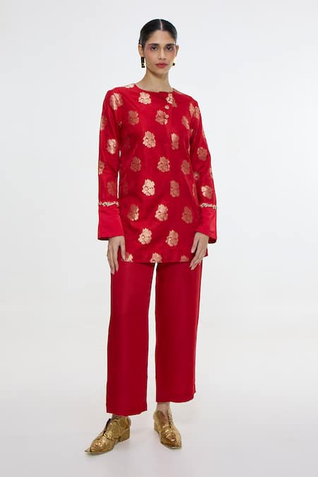 Ekaya Banaras Handwoven Red Short Kurta & Pant Set 