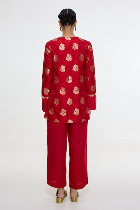 Ekaya Banaras Handwoven Red Short Kurta & Pant Set 