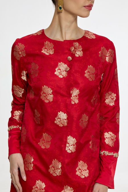 Shop_Ekaya Banaras_Red Satin, Silk Zari Round Neck Handwoven Short Kurta And Pant Set _Online_at_Aza_Fashions