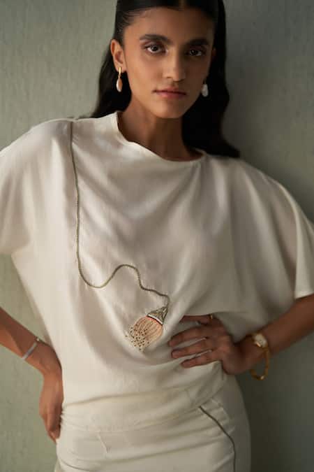 Buy_Febo6_Off White Silk Embroidery, Beads, Metallic Sicily Pod Motif Top And Skirt Set _Online_at_Aza_Fashions