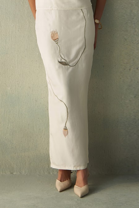 Shop_Febo6_Off White Silk Embroidery, Beads Round Neck Sicily Draped Blouse _Online_at_Aza_Fashions