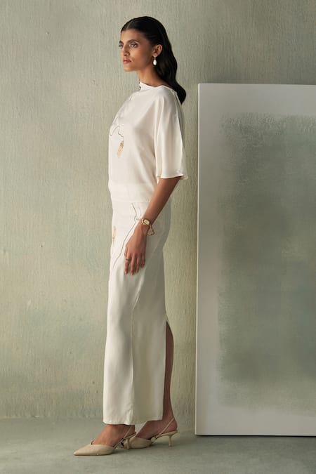 Febo6_Off White Silk Embroidery, Beads Round Neck Sicily Draped Blouse _at_Aza_Fashions
