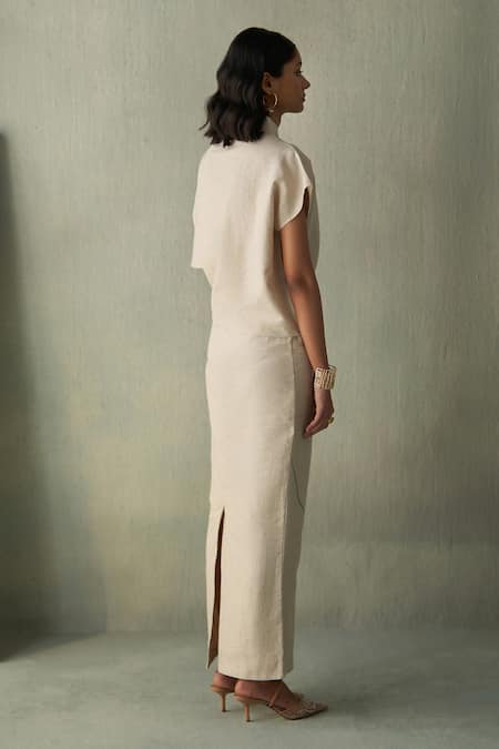 Shop_Febo6_Beige Linen Embroidery High , Round Desert Motif Top And Skirt Set _Online_at_Aza_Fashions