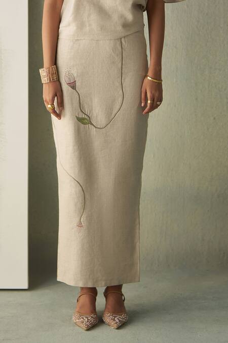 Febo6_Beige Linen Embroidery Desert Blooming Pod Long Skirt _Online_at_Aza_Fashions