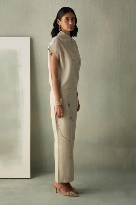 Shop_Febo6_Beige Linen Embroidery Desert Blooming Pod Long Skirt _Online_at_Aza_Fashions