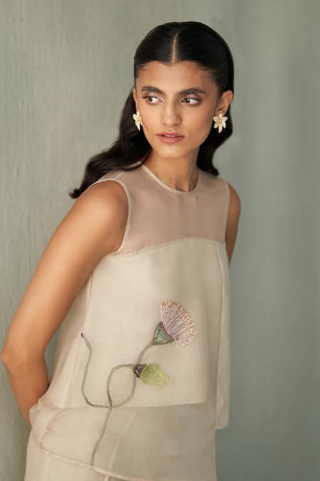 Shop_Febo6_Beige Linen Embroidery Round Neck Desert Blooming Pod Hand Blouse _Online_at_Aza_Fashions