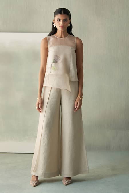 Buy_Febo6_Beige Linen Embroidery Round Neck Desert Hand Top And Trouser Set _Online_at_Aza_Fashions