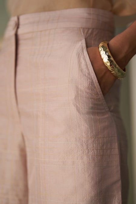 Shop Febo6 Pink Silk Sorbet Checkered Trouser Online at Aza Fashions Shop_Febo6_Pink Silk Sorbet Checkered Trouser _Online_at_Aza_Fashions