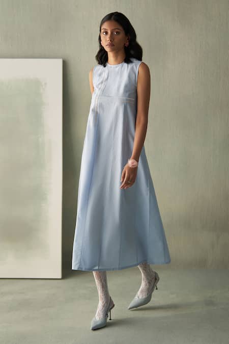 Buy_Febo6_Sky Blue Cotton, Silk Embroidery Summer Asymmetric Kantha Stitch Midi Dress _Online_at_Aza_Fashions